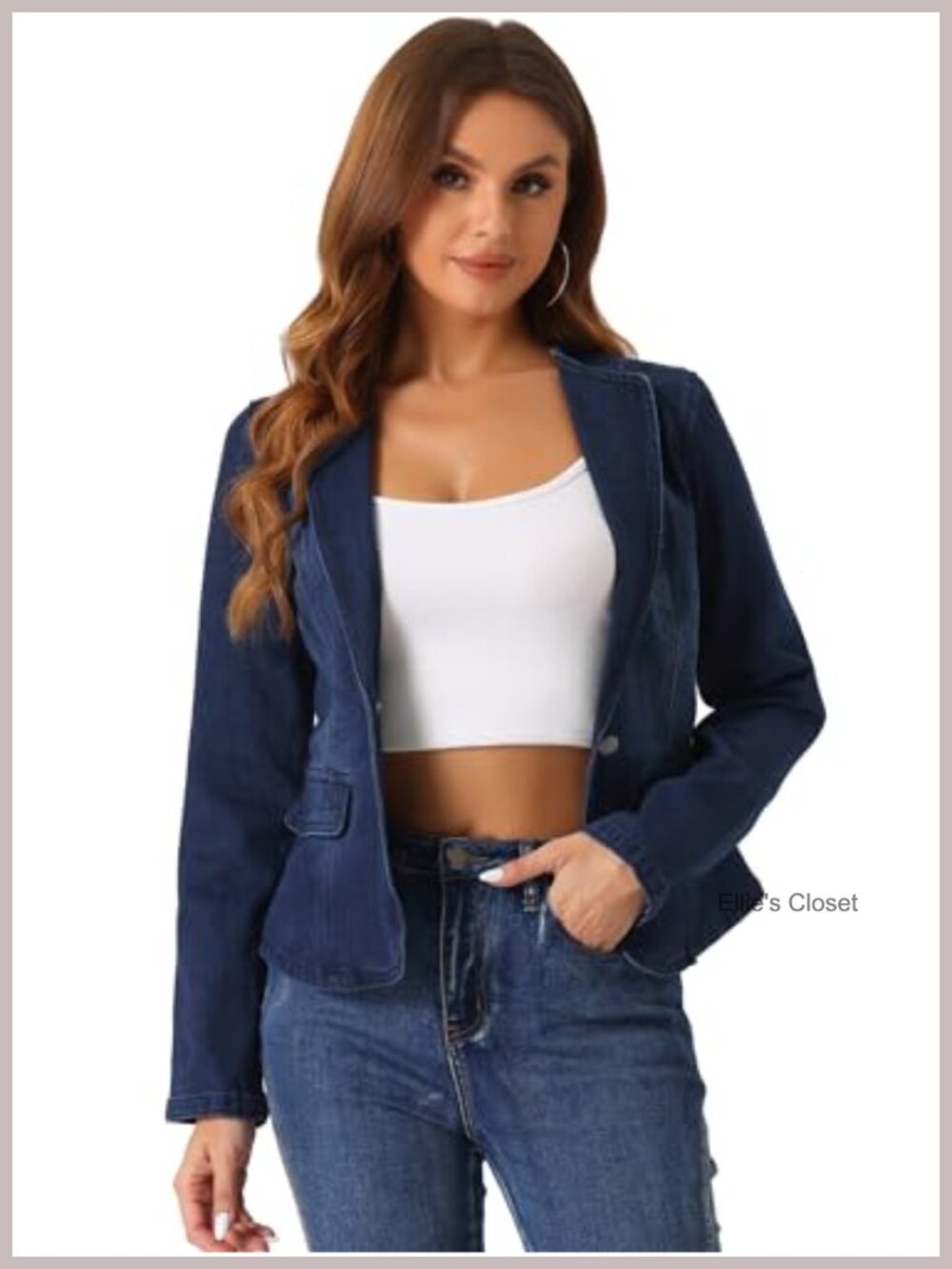 Women's Collarless Fitted Denim Jacket One Button Long Sleeve Stretchy